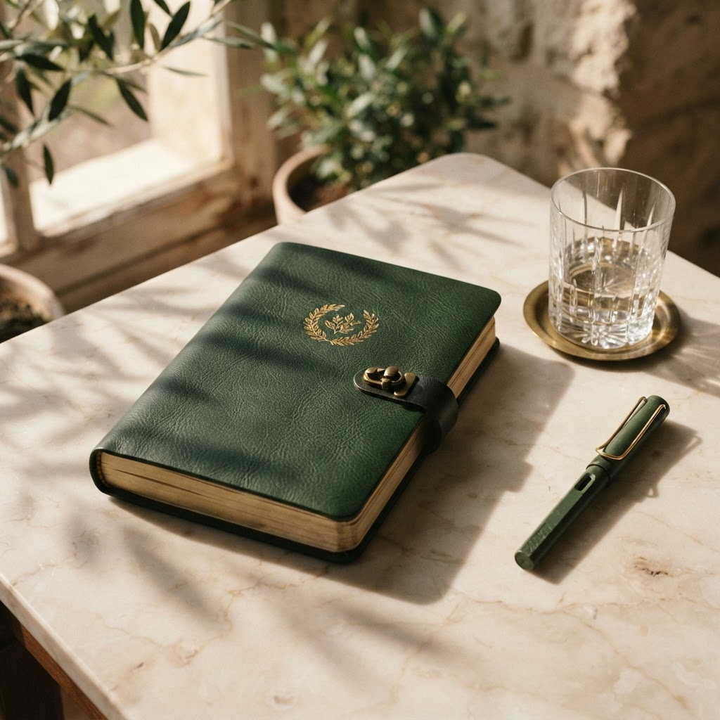 A forest-green leather journal embossed with the Meridian Coterie emblem on marble