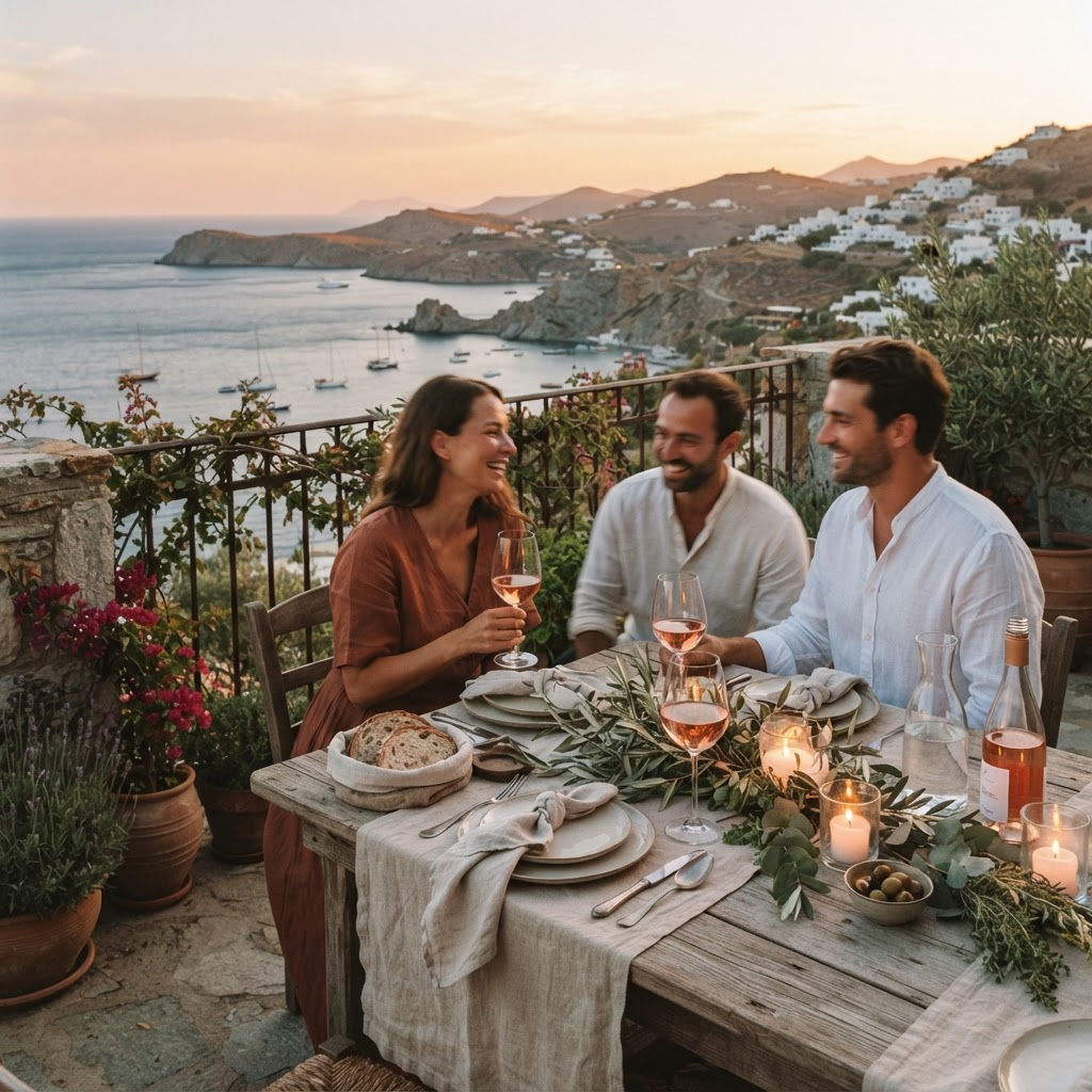 An intimate sunset dinner table set on a terrace overlooking a Mediterranean bay