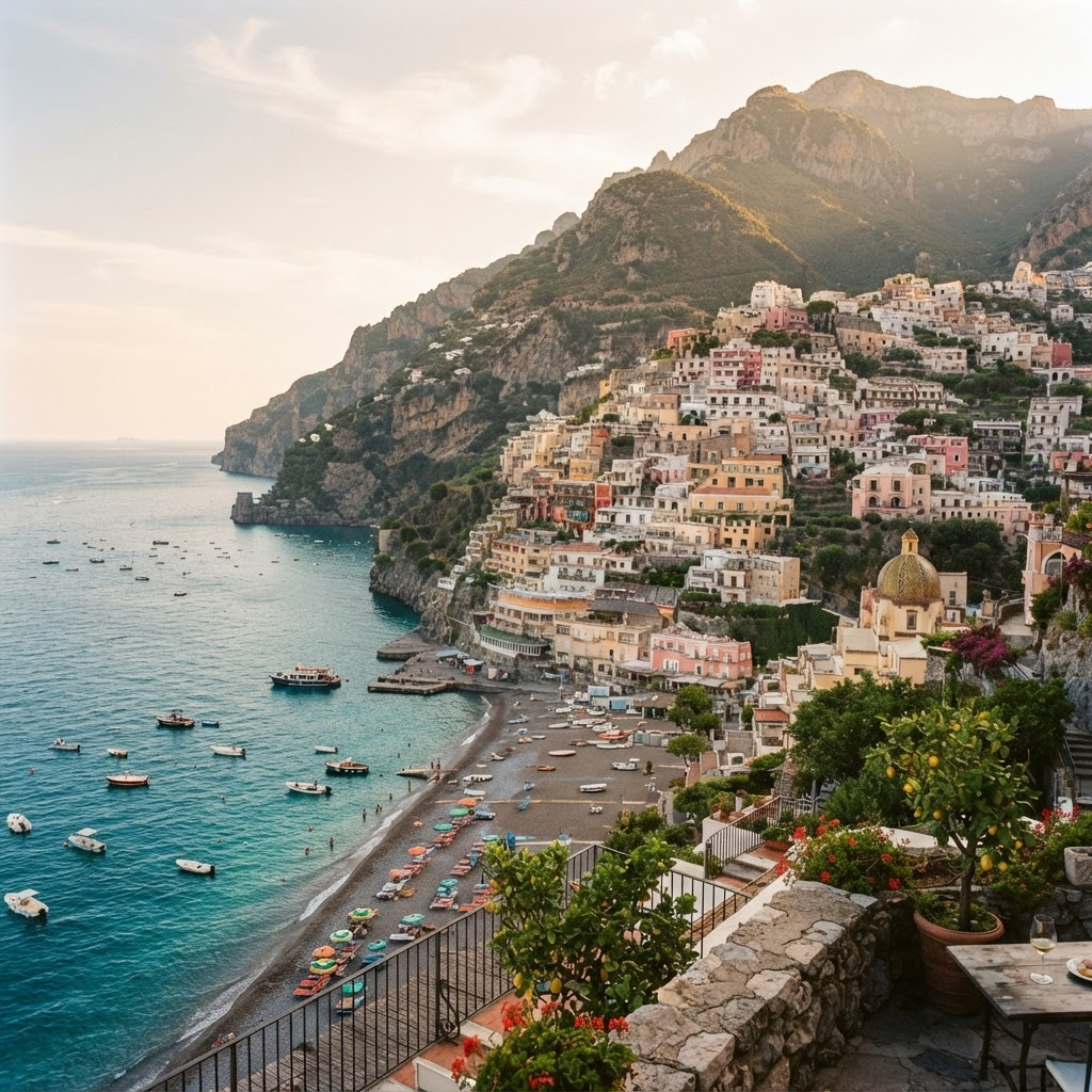 A Mediterranean coastal village cascading down cliffs to the sea