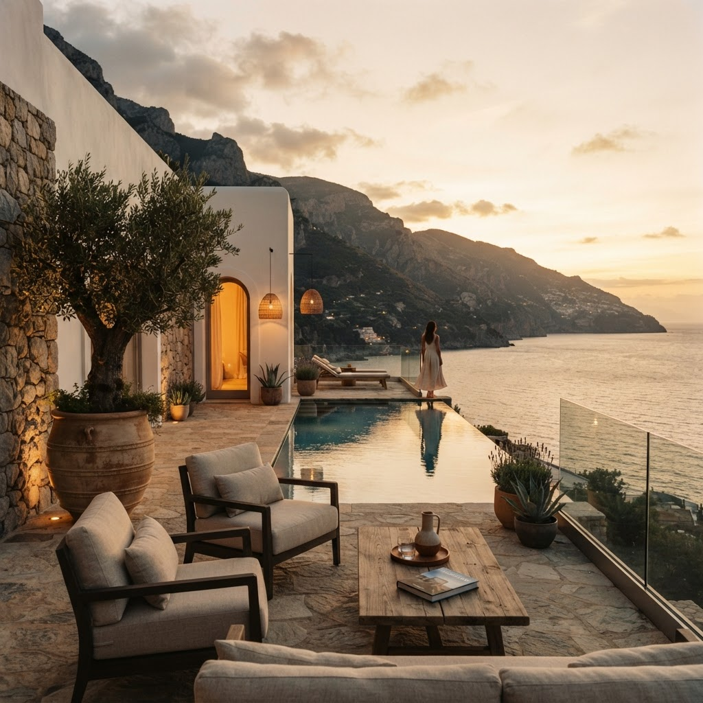 A luxury clifftop villa terrace overlooking the Mediterranean sea at golden hour
