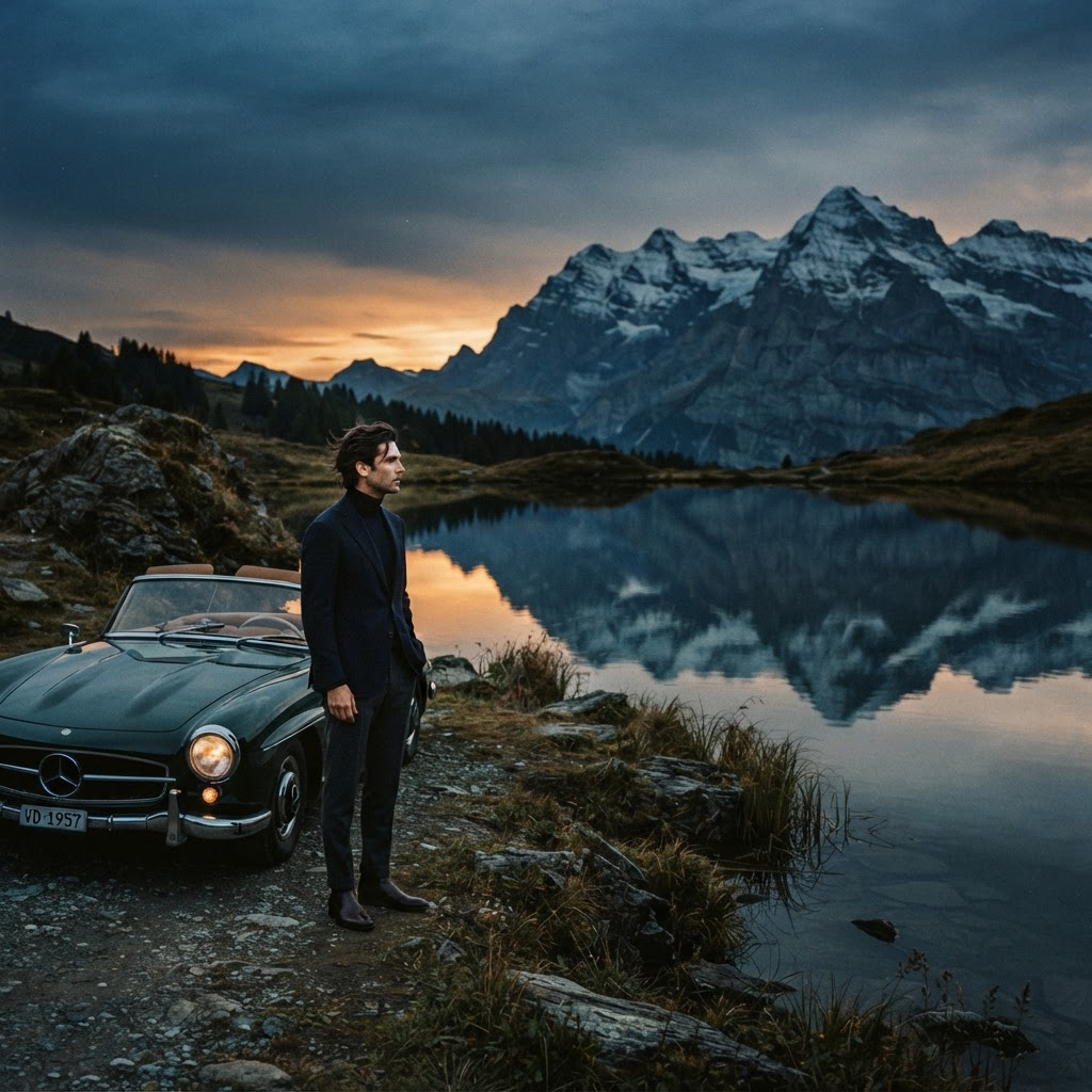 A lone figure beside a classic car on the shore of a still alpine lake at dusk