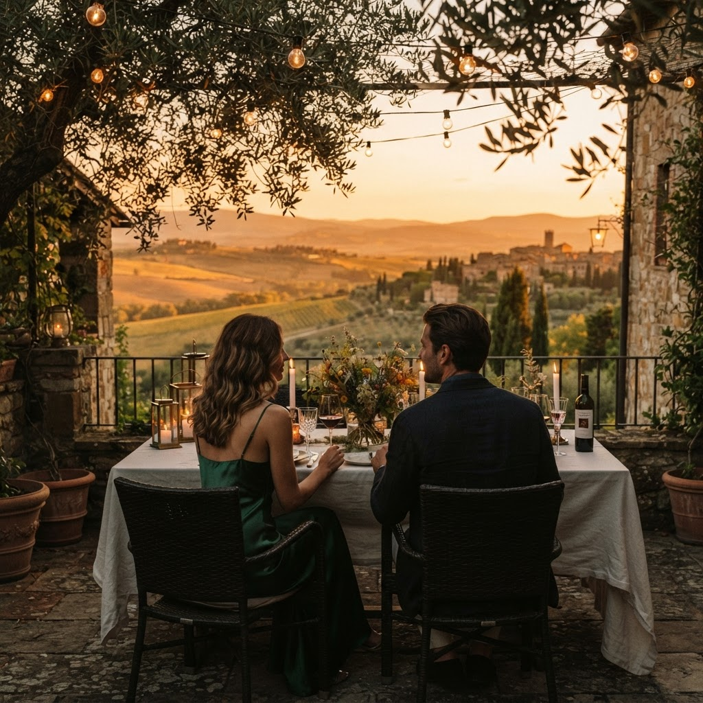 An elegant couple dining at a candlelit table on a terrace overlooking a golden valley at sunset