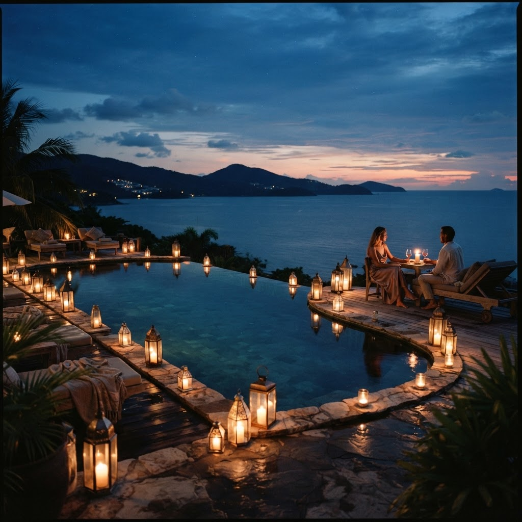 A candlelit infinity pool at dusk overlooking a calm sea