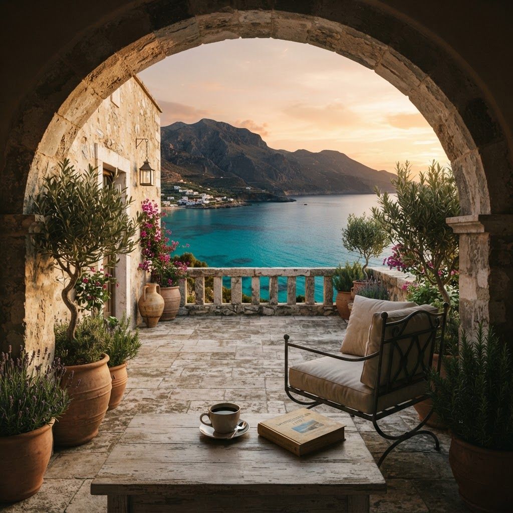 A Mediterranean stone terrace with coffee overlooking a turquoise coastal bay at golden hour