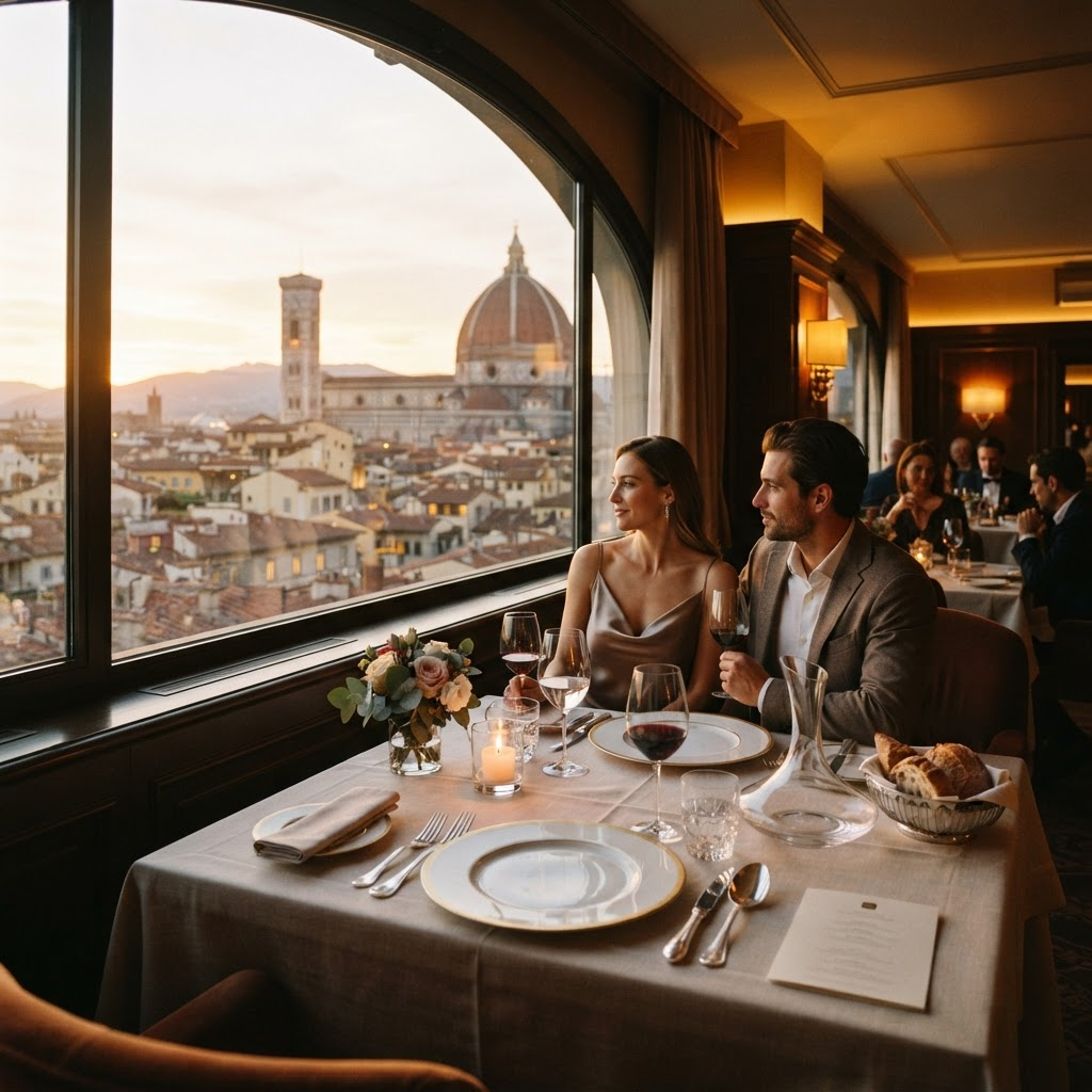 Fine dining by a window overlooking the Florence Duomo at golden hour