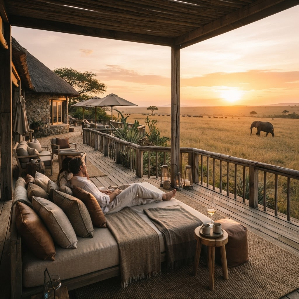 A safari lodge terrace overlooking the savanna at sunset